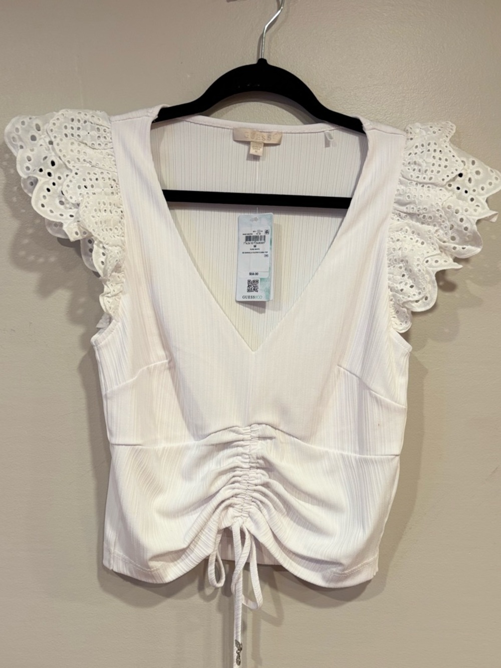 NWT Guess Women's Ruched Ruffle Eyelet Cap-Sleeve White Top Size Medium